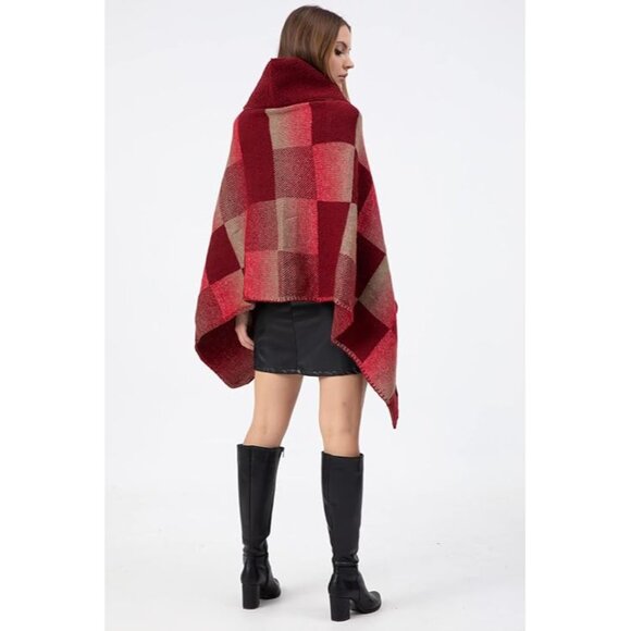 Square Patterned Poncho Red Marroon Pink - Picture 3 of 4